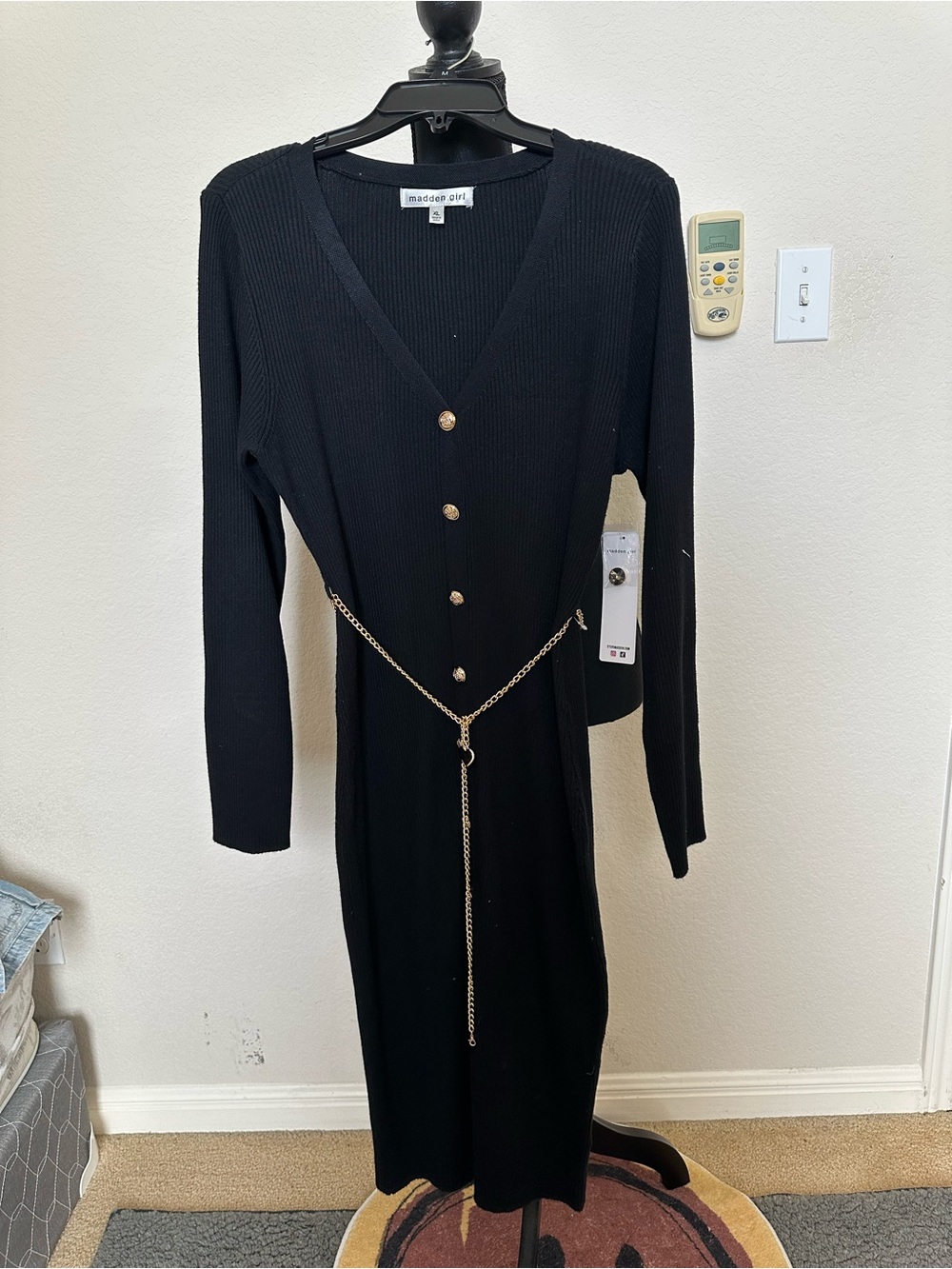 Madewell Black Long-Sleeve Button Midi Dress Stretch Knit Belted. Sz - XL -NWT